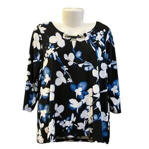 Calvin Klein Women's Black W Blue/White Floral Print 3/4 Sleeve Blouse | Size 1X